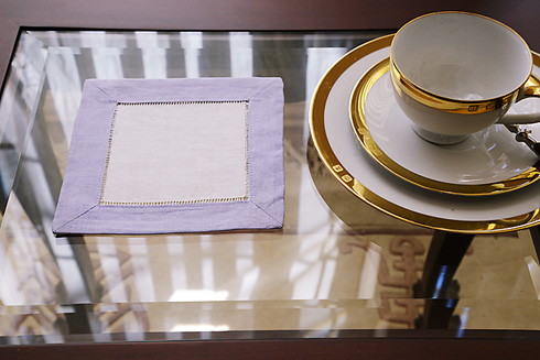 White Hemstitch Cocktail Napkin 6" with Languid Lavender - Click Image to Close